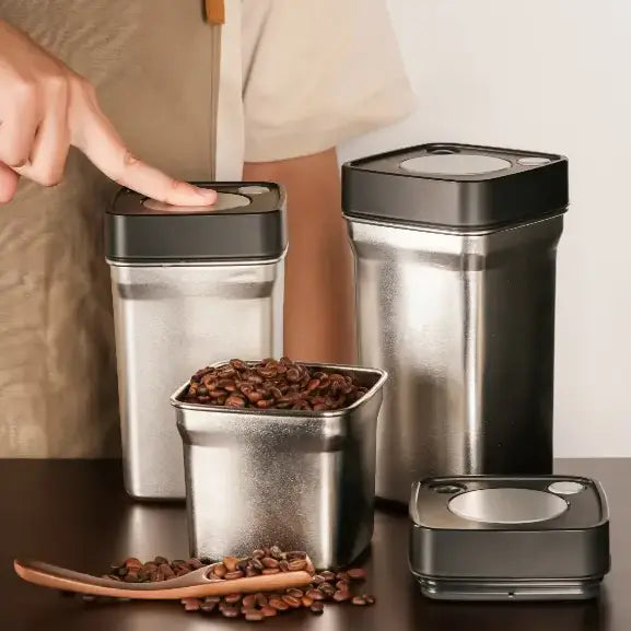 Vacuum Square Stainless Steel Lid Push Button Storage Jar