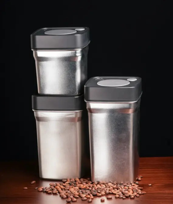 Vacuum Square Stainless Steel Lid Push Button Storage Jar